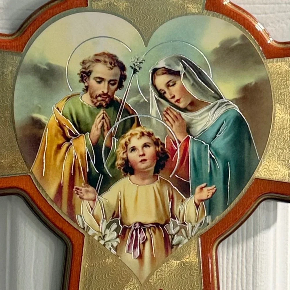 Religious Holy Family Cross Wall Decor God Bless This House Vtg Art‎ Gold Foil